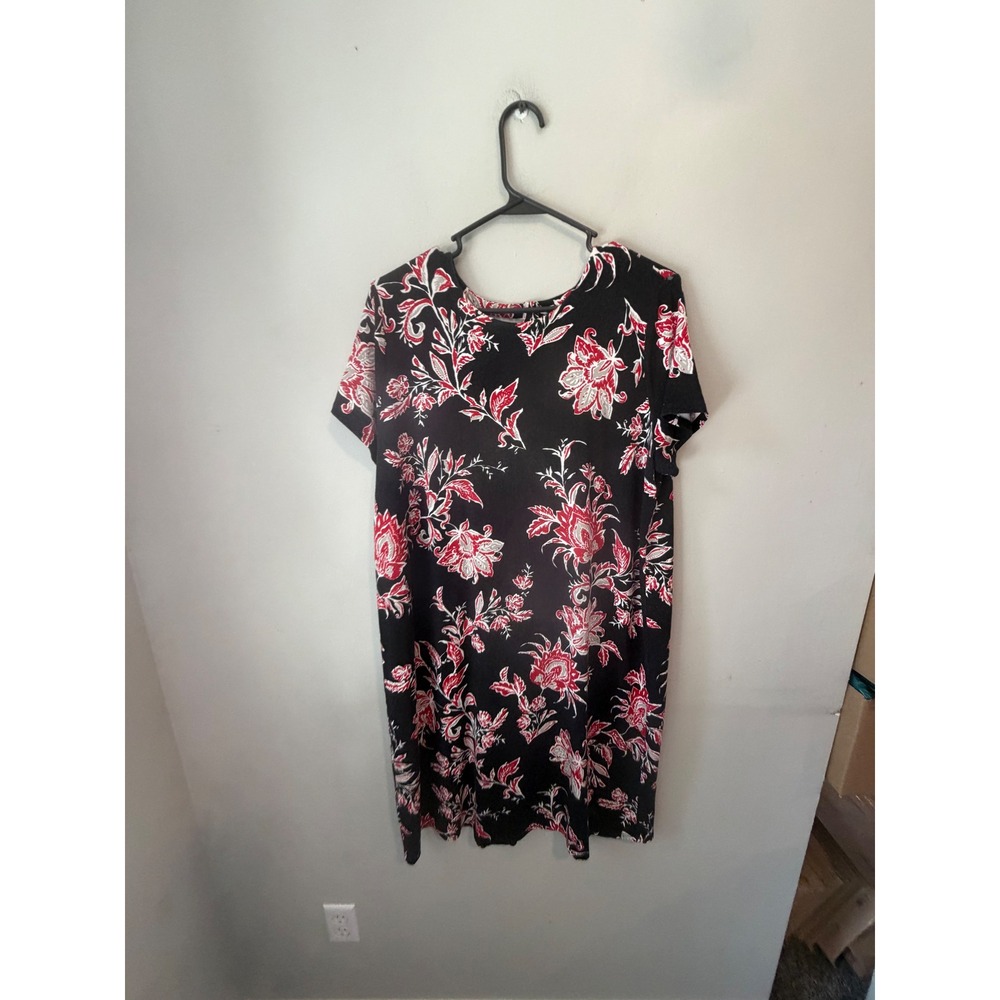 J.Jill Wearever Floral Paisley Shift Dress Black Red Short Sleeve L Tall